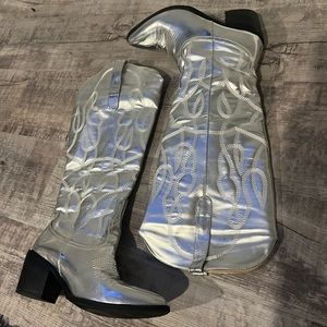Silver Knee High Cowboy Boots